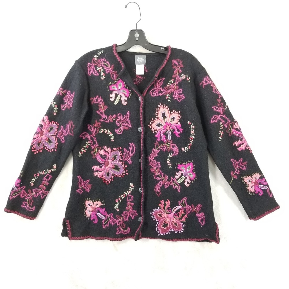 Vintage Hand Embroidered Cardigan Women XL Black 100% Wool Floral Button Sweater